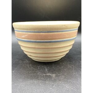 Vintage Stoneware Dough Mixing Bowl 7"Blue Pink Stripe Beehive Nesting Farmhouse